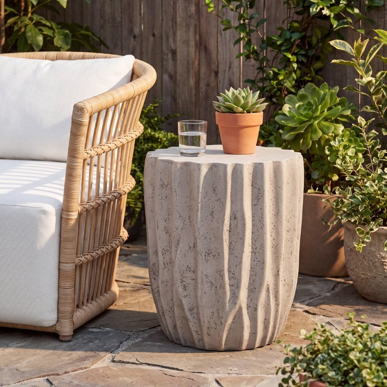 English Elm Ribbed Barrel MGO Outdoor Side Table Weather Resistant Sculptural Patio Accent N776P372347G