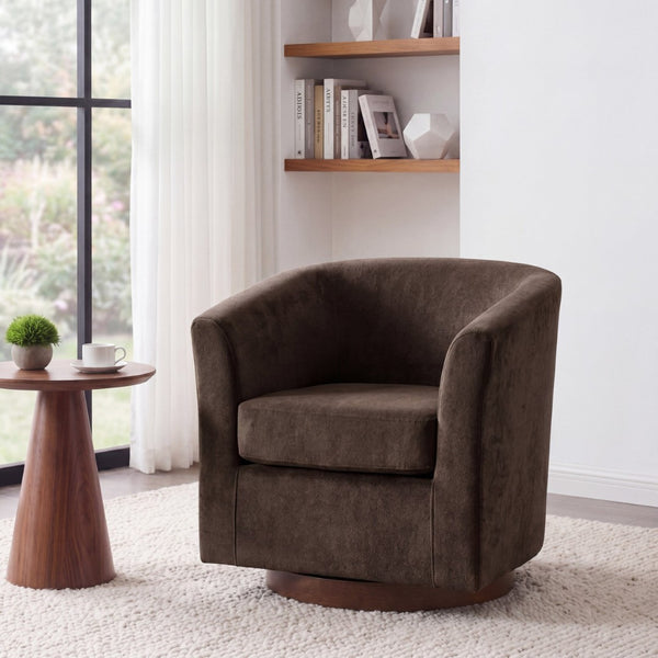 English Elm Wooden Bentwood Base Velvet Barrel Swivel Accent Chair for Living Room or Office Dark Brown N776P378583D