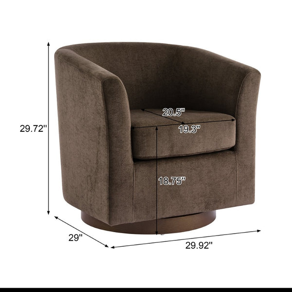English Elm Wooden Bentwood Base Velvet Barrel Swivel Accent Chair for Living Room or Office Dark Brown N776P378583D