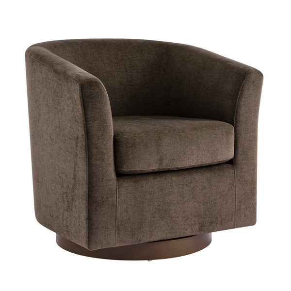 English Elm Wooden Bentwood Base Velvet Barrel Swivel Accent Chair for Living Room or Office Dark Brown N776P378583D