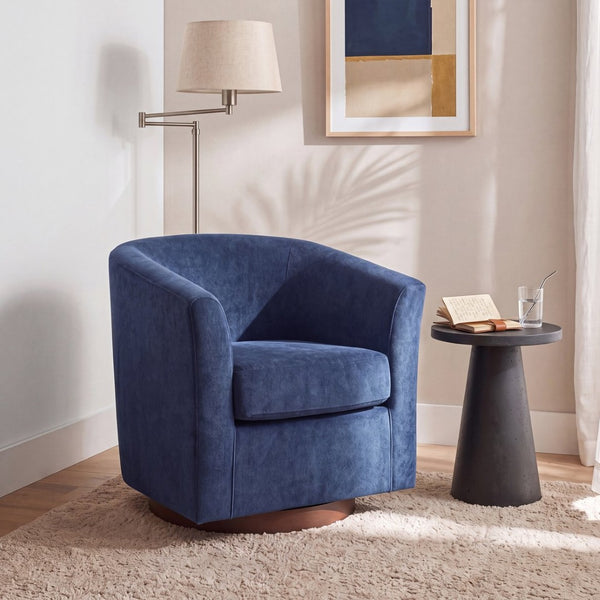 English Elm Wooden Bentwood Base Velvet Barrel Swivel Accent Chair for Living Room or Office Blue N776P378583S