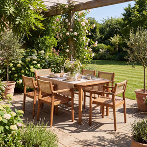 English Elm 4 Person Outdoor Dining Set Acacia Wood Wicker Back Chairs Patio Modern Style 6-Person Natural/Teak N776P381115N-3_N776P381093T