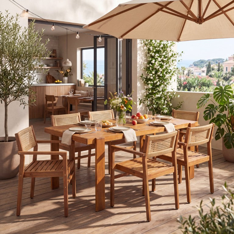 English Elm 6 Person Acacia Wood Outdoor Dining Set with Wicker Chairs for Patio Entertaining 6-person Natural, Teak N776P381115N-3_N776P387626T