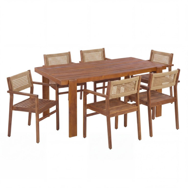 English Elm 6 Person Acacia Wood Outdoor Dining Set with Wicker Chairs for Patio Entertaining 6-person Natural, Teak N776P381115N-3_N776P387626T