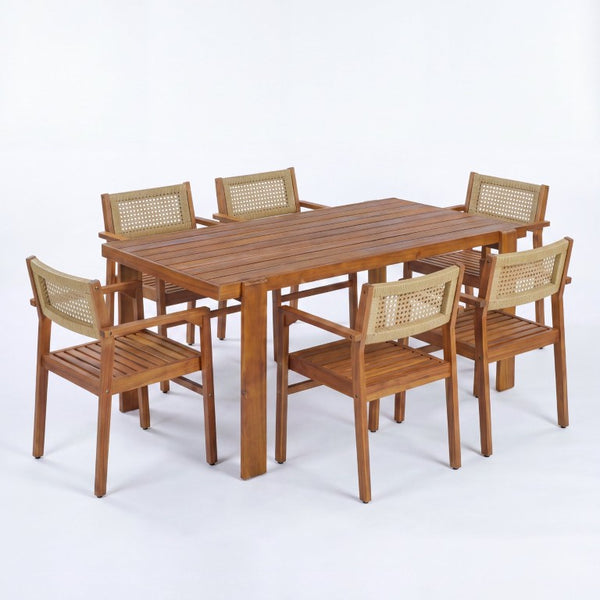 English Elm 4 Person Outdoor Dining Set Acacia Wood Wicker Back Chairs Patio Modern Style 6-Person Teak - A N776P381115T-3_N776P387626T