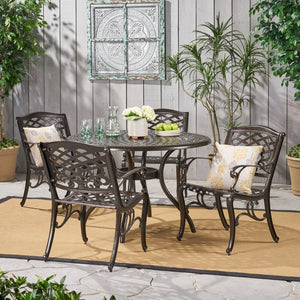 English Elm Chachere Outdoor Round Cast Aluminum Dining Set with Lattice Scrollwork Bronze Finish N776P381164B-4_54588.00BZE