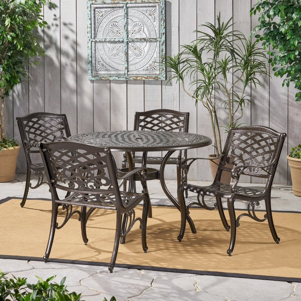 English Elm Chachere Outdoor Round Cast Aluminum Dining Set with Lattice Scrollwork Bronze Finish N776P381164B-4_54588.00BZE