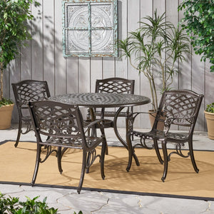 English Elm Chachere Outdoor Round Cast Aluminum Dining Set with Lattice Scrollwork Bronze Finish N776P381164B-4_54588.00BZE