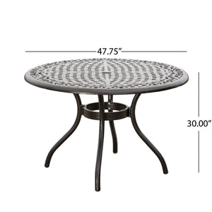 English Elm Chachere Outdoor Round Cast Aluminum Dining Set with Lattice Scrollwork Bronze Finish N776P381164B-4_54588.00BZE