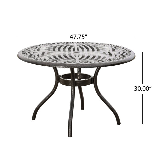 English Elm Chachere Outdoor Round Cast Aluminum Dining Set with Lattice Scrollwork Bronze Finish N776P381164B-4_54588.00BZE