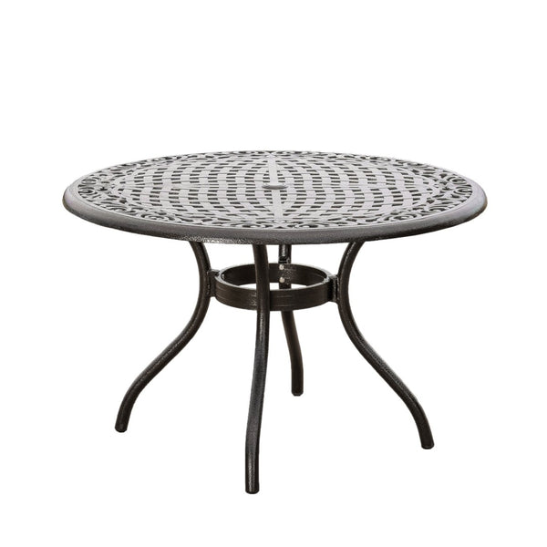English Elm Chachere Outdoor Round Cast Aluminum Dining Set with Lattice Scrollwork Bronze Finish N776P381164B-4_54588.00BZE