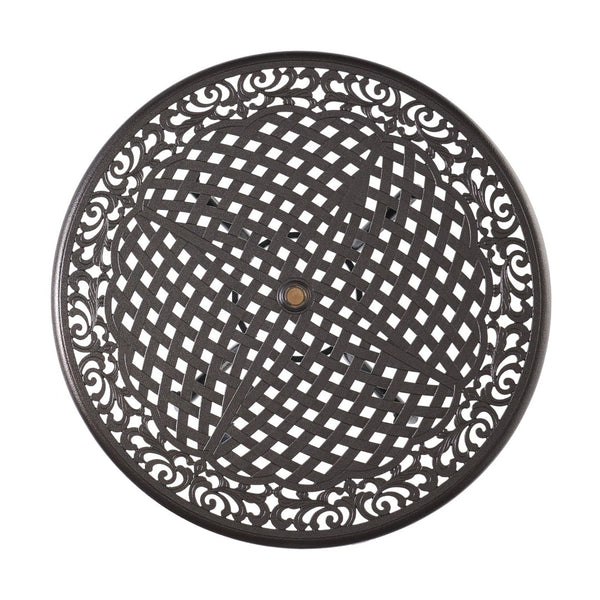 English Elm Chachere Outdoor Round Cast Aluminum Dining Set with Lattice Scrollwork Bronze Finish N776P381164B-4_54588.00BZE