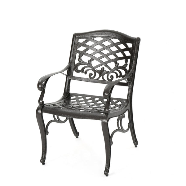 English Elm Chachere Outdoor Round Cast Aluminum Dining Set with Lattice Scrollwork Bronze Finish N776P381164B-4_54588.00BZE