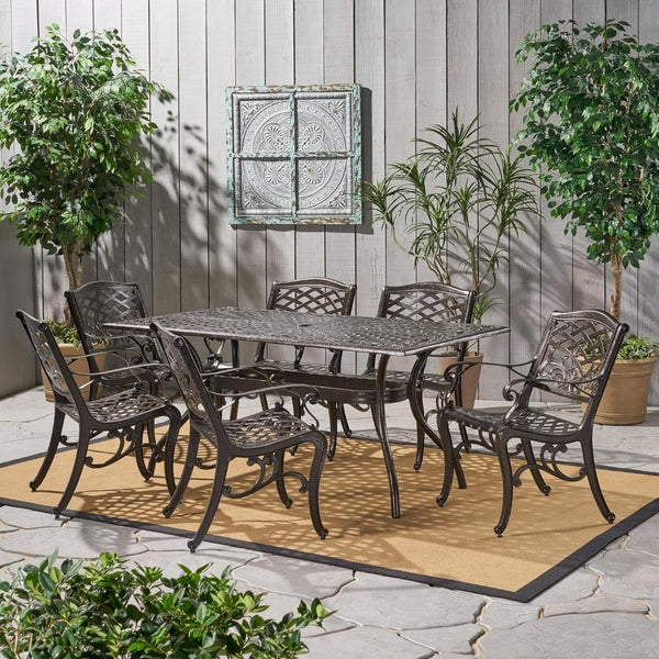 English Elm Ravenna Cast Aluminum Outdoor Dining Set Seats Six Floral Lattice Patio Table N776P381164B-6_57704.00