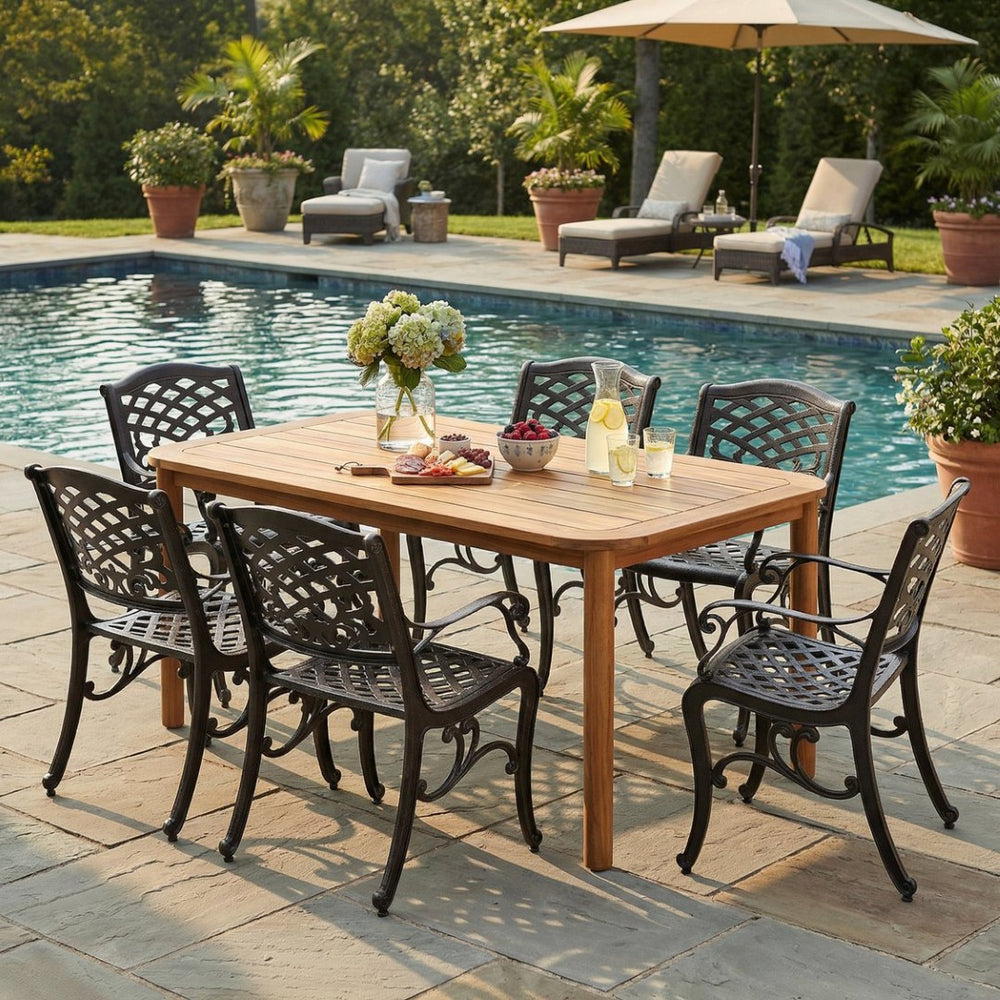 English Elm Patio 7 Piece Acacia Wood and Cast Aluminum Outdoor Dining Set for Six Guests N776P381164B_6_N776P381093T