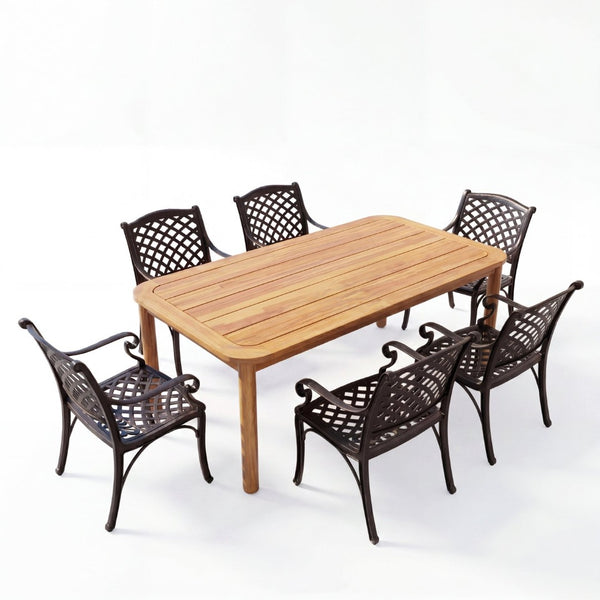 English Elm Patio 7 Piece Acacia Wood and Cast Aluminum Outdoor Dining Set for Six Guests N776P381164B_6_N776P381093T