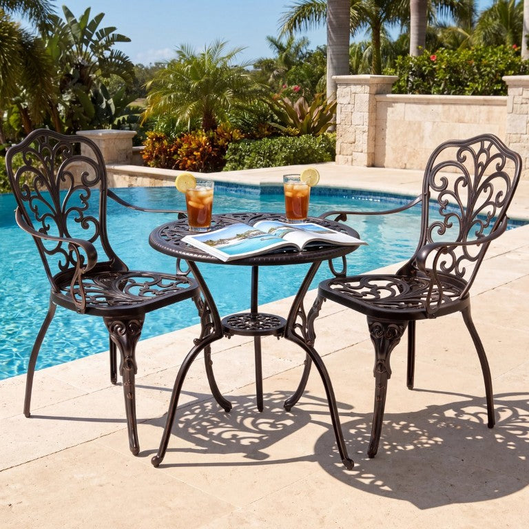 English Elm 3-Piece Cast Aluminum Bistro Set Round Table Patio Dining Rust Resistant Charm N776P381203C_N776P381211C