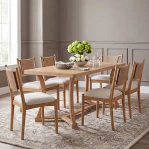 English Elm Will 7 Piece Farmhouse Dining Set with Rubberwood Trestle Table and Woven Back Chairs Beige, Light Brown, Natural N776P385751B-3_N776P490237N