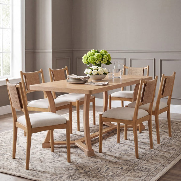 English Elm Will 7 Piece Farmhouse Dining Set with Rubberwood Trestle Table and Woven Back Chairs Beige, Light Brown, Natural N776P385751B-3_N776P490237N