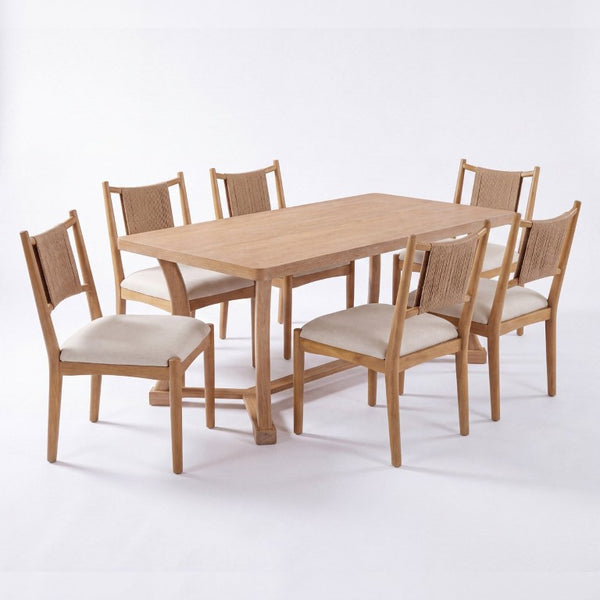English Elm Will 7 Piece Farmhouse Dining Set with Rubberwood Trestle Table and Woven Back Chairs Beige, Light Brown, Natural N776P385751B-3_N776P490237N