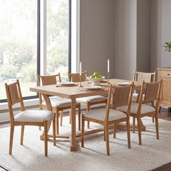 English Elm Will 7 Piece Farmhouse Dining Set with Rubberwood Trestle Table and Woven Back Chairs Beige, Light Brown, Natural N776P385751B-3_N776P490237N