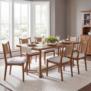 English Elm Will 7 Piece Farmhouse Dining Set with Rubberwood Trestle Table and Woven Back Chairs Beige, Brown, Light Brown N776P385751D-3_N776P490237W