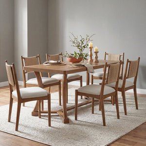 English Elm Will 7 Piece Farmhouse Dining Set with Rubberwood Trestle Table and Woven Back Chairs Beige, Brown, Light Brown N776P385751D-3_N776P490237W