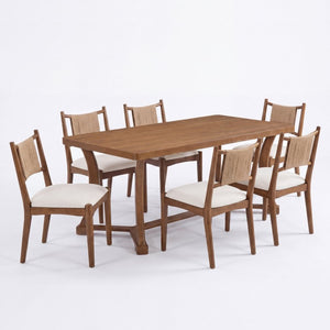 English Elm Will 7 Piece Farmhouse Dining Set with Rubberwood Trestle Table and Woven Back Chairs Beige, Brown, Light Brown N776P385751D-3_N776P490237W