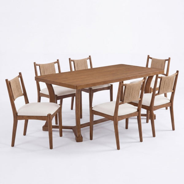 English Elm Will 7 Piece Farmhouse Dining Set with Rubberwood Trestle Table and Woven Back Chairs Beige, Brown, Light Brown N776P385751D-3_N776P490237W