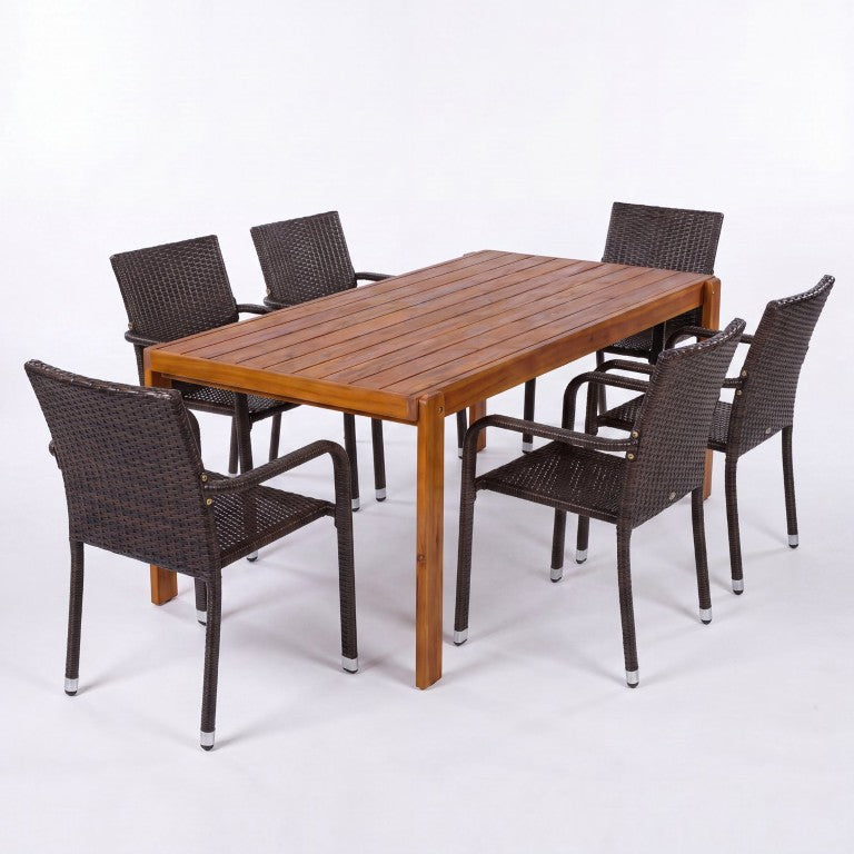 English Elm Outdoor Acacia Wood and Wicker Patio Dining Set Seating Six for Al Fresco Meals N776P387626T_N776P496437D-3