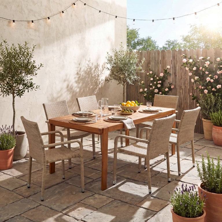 English Elm Outdoor Acacia Wood Patio Dining Set with Six Wicker Chairs for Backyard Decks Natural, Teak - B N776P387626T_N776P496437Y_N776P496436Y
