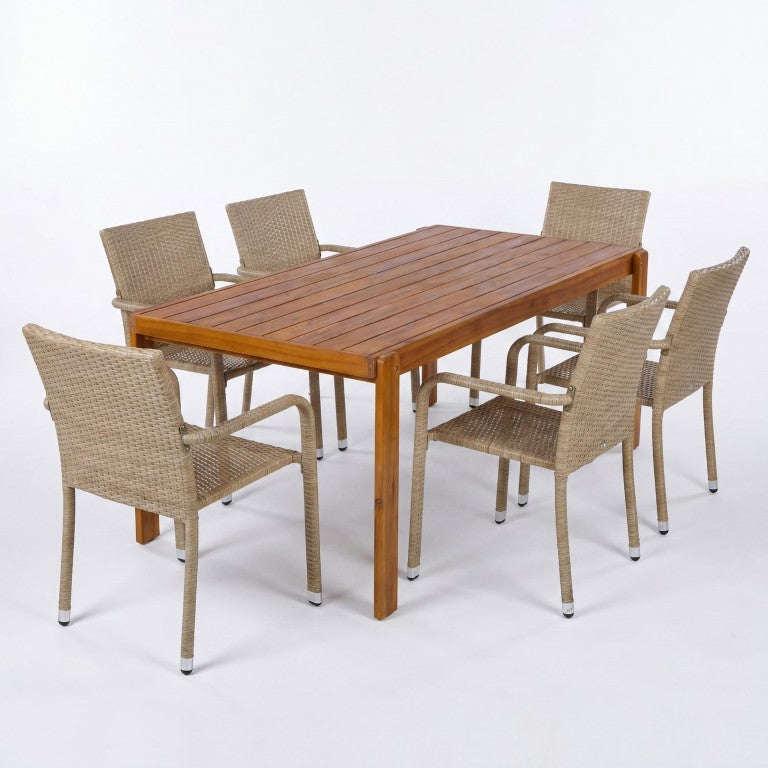 English Elm Outdoor Acacia Wood Patio Dining Set with Six Wicker Chairs for Backyard Decks Natural, Teak - B N776P387626T_N776P496437Y_N776P496436Y