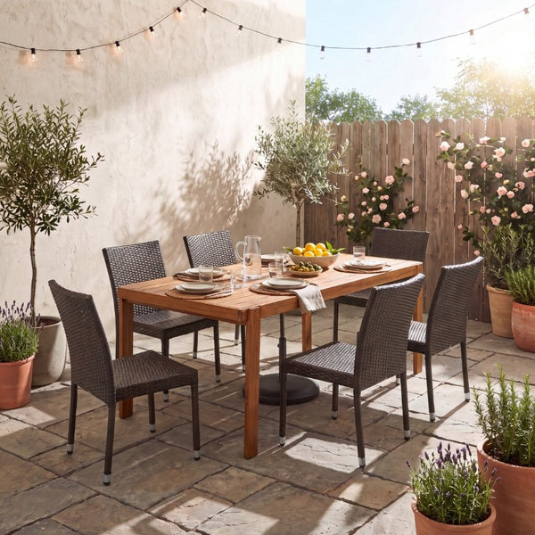 English Elm Outdoor Acacia Wood Patio Dining Set with Six Wicker Chairs for Backyard Decks Dark Brown, Teak N776P387626T_N776P496439D-3