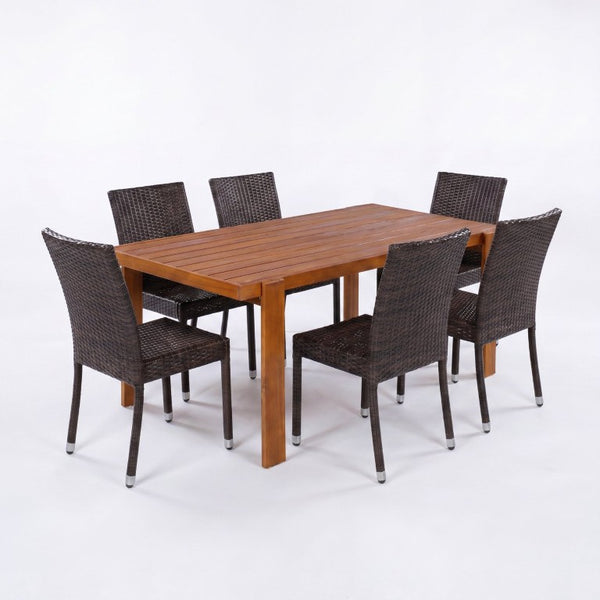 English Elm Outdoor Acacia Wood Patio Dining Set with Six Wicker Chairs for Backyard Decks Dark Brown, Teak N776P387626T_N776P496439D-3