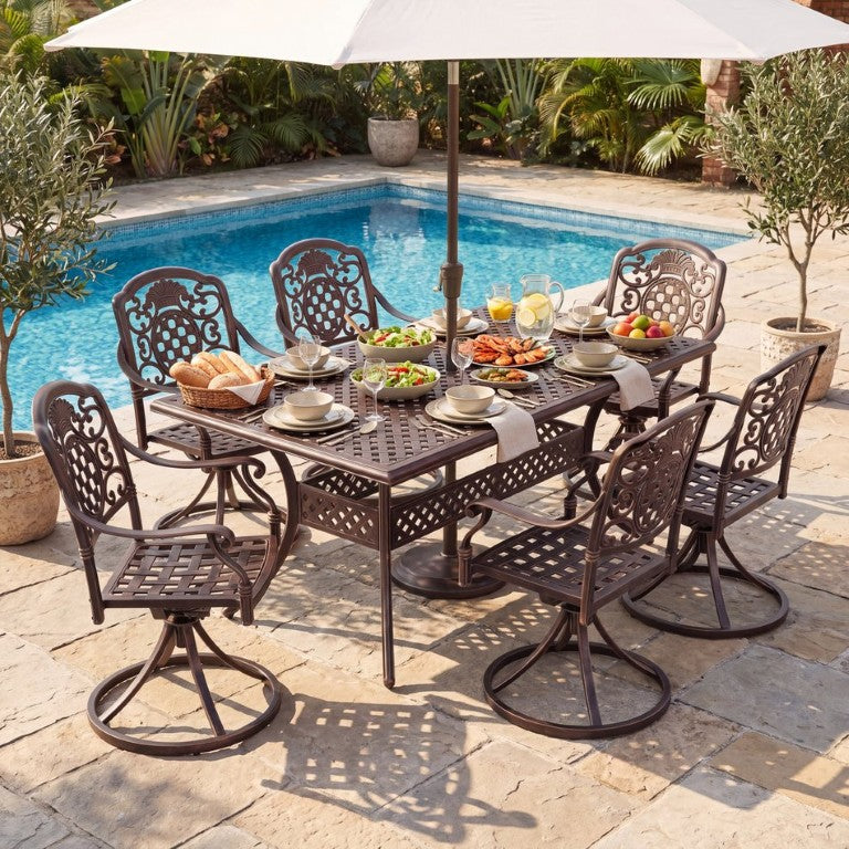 English Elm 7-Piece Cast Aluminum Outdoor Dining Set Rust Proof Patio Table Six Chairs N776P415132B-3_60703.00