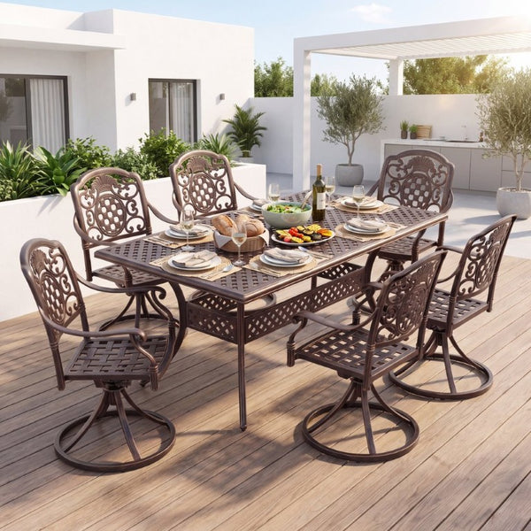 English Elm 7-Piece Cast Aluminum Outdoor Dining Set Rust Proof Patio Table Six Chairs N776P415132B-3_60703.00