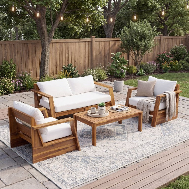 English Elm Outdoor Acacia Wood 4 Piece Chat Set with Cushions for Patio Porch or Pergola N776P423266T-2_N776P423267T