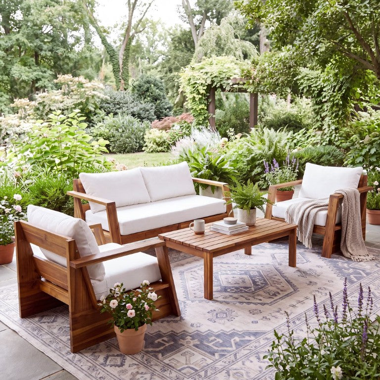 English Elm Outdoor Acacia Wood 4 Piece Chat Set with Cushions for Patio Porch or Pergola N776P423266T-2_N776P423267T