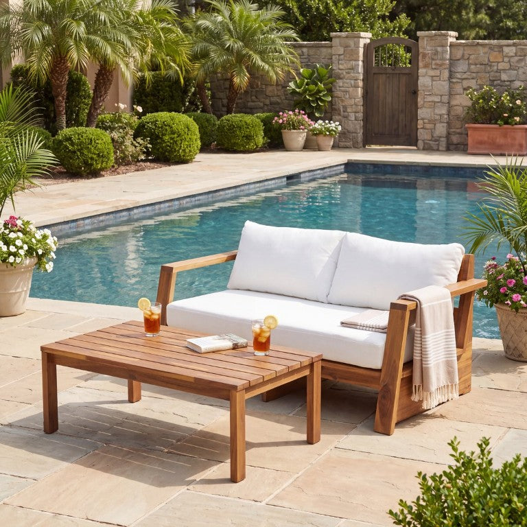 English Elm Outdoor Acacia Wood Loveseat and Coffee Table Set for Patio Porch Pergola N776P423267T
