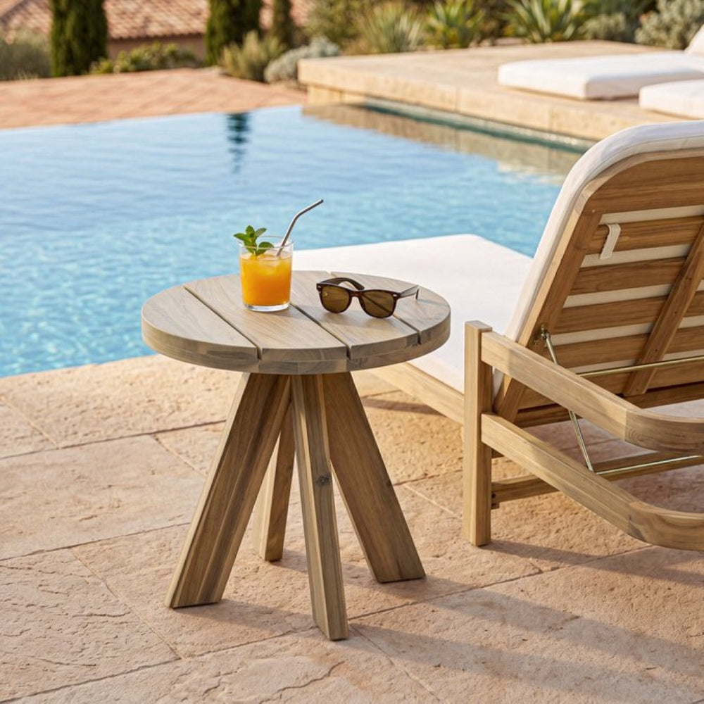English Elm Acacia Solid Wood Outdoor Round Tripod Side Table for Patio Balcony and Poolside Warm Grey N776P427176E