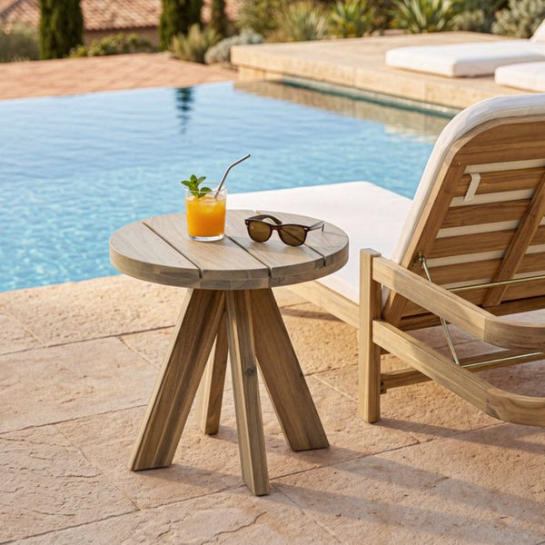 English Elm Acacia Solid Wood Outdoor Round Tripod Side Table for Patio Balcony and Poolside Warm Grey N776P427176E