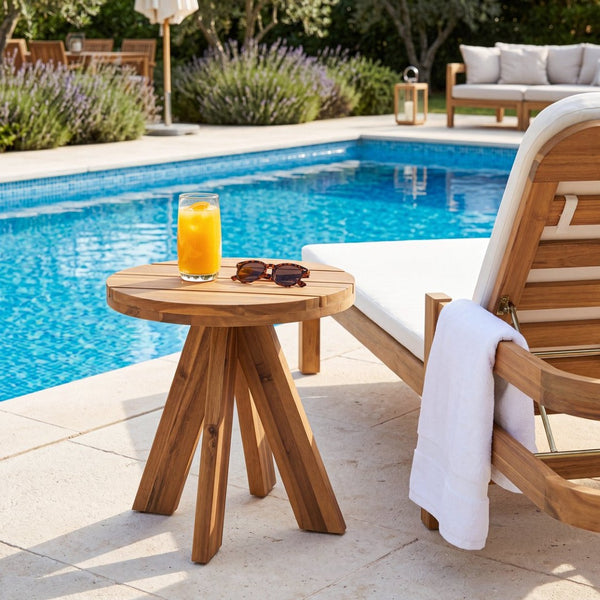 English Elm Acacia Solid Wood Outdoor Round Tripod Side Table for Patio Balcony and Poolside Teak N776P427176T