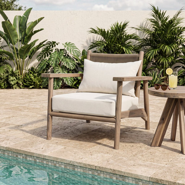 English Elm Acacia Wood Outdoor Armchair with Woven Rope Back and Cushion for Patio Spaces Warm Grey N776P427177E