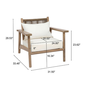 English Elm Acacia Wood Outdoor Armchair with Woven Rope Back and Cushion for Patio Spaces Warm Grey N776P427177E