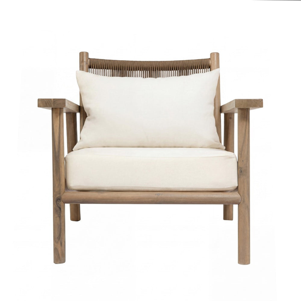 English Elm Acacia Wood Outdoor Armchair with Woven Rope Back and Cushion for Patio Spaces Warm Grey N776P427177E