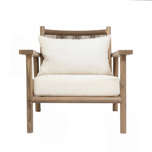 English Elm Acacia Wood Outdoor Armchair with Woven Rope Back and Cushion for Patio Spaces Warm Grey N776P427177E