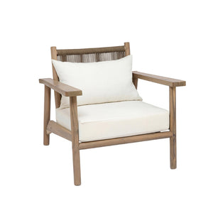 English Elm Acacia Wood Outdoor Armchair with Woven Rope Back and Cushion for Patio Spaces Warm Grey N776P427177E