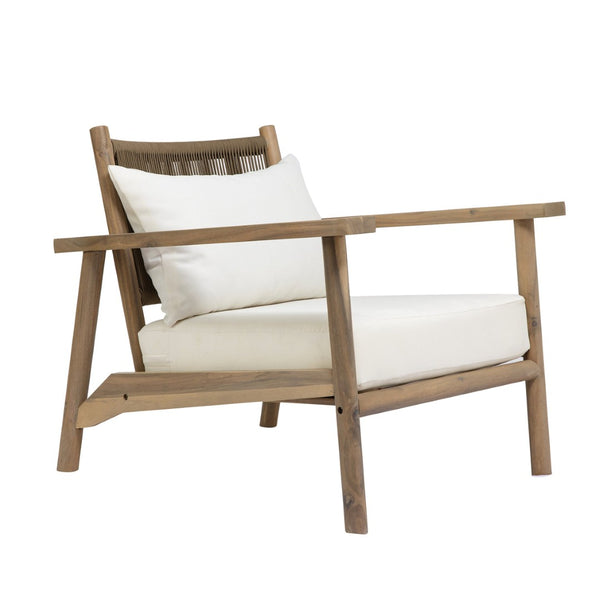 English Elm Acacia Wood Outdoor Armchair with Woven Rope Back and Cushion for Patio Spaces Warm Grey N776P427177E