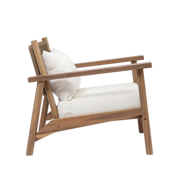 English Elm Acacia Wood Outdoor Armchair with Woven Rope Back and Cushion for Patio Spaces Warm Grey N776P427177E
