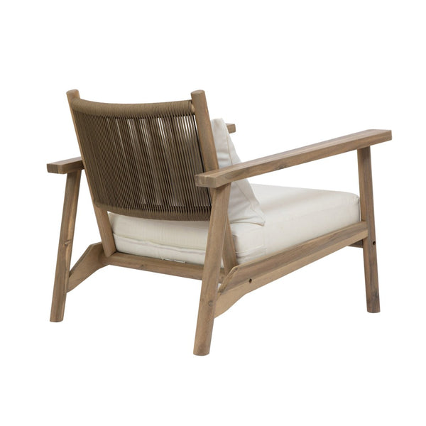 English Elm Acacia Wood Outdoor Armchair with Woven Rope Back and Cushion for Patio Spaces Warm Grey N776P427177E